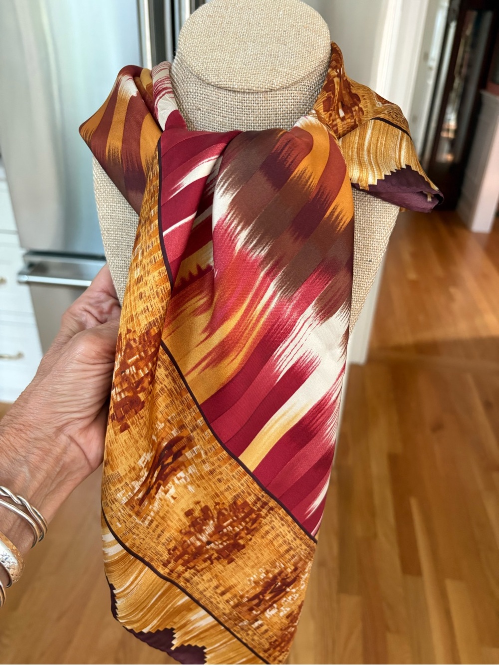 Adrienne Landau 35” Square Silk Scarf in Gold, Burgundy, Brown and Cream